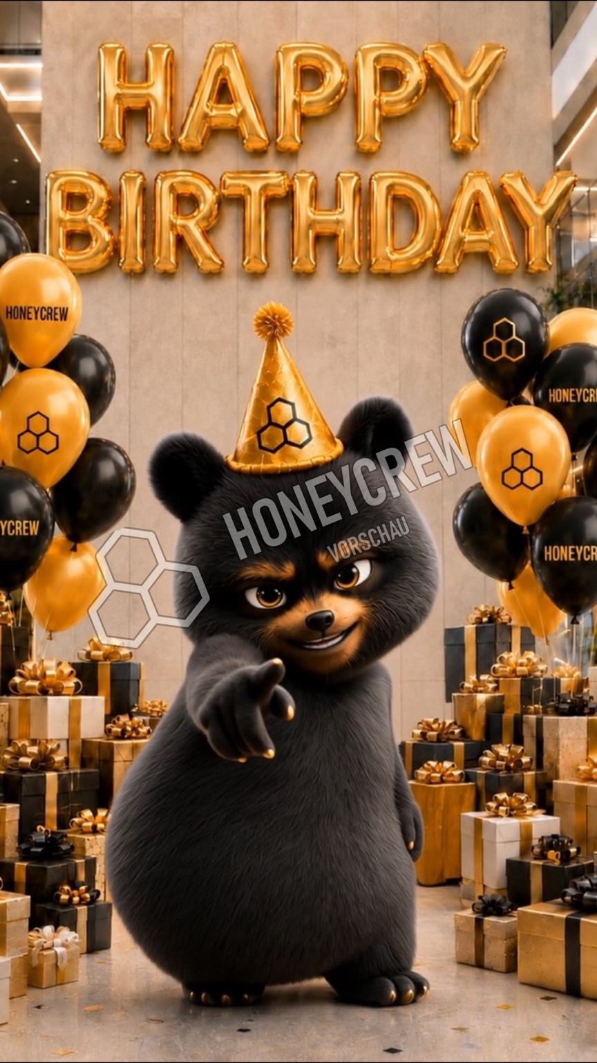 HONEYCREW-Bär vor einer goldenen Happy-Birthday-Kulisse